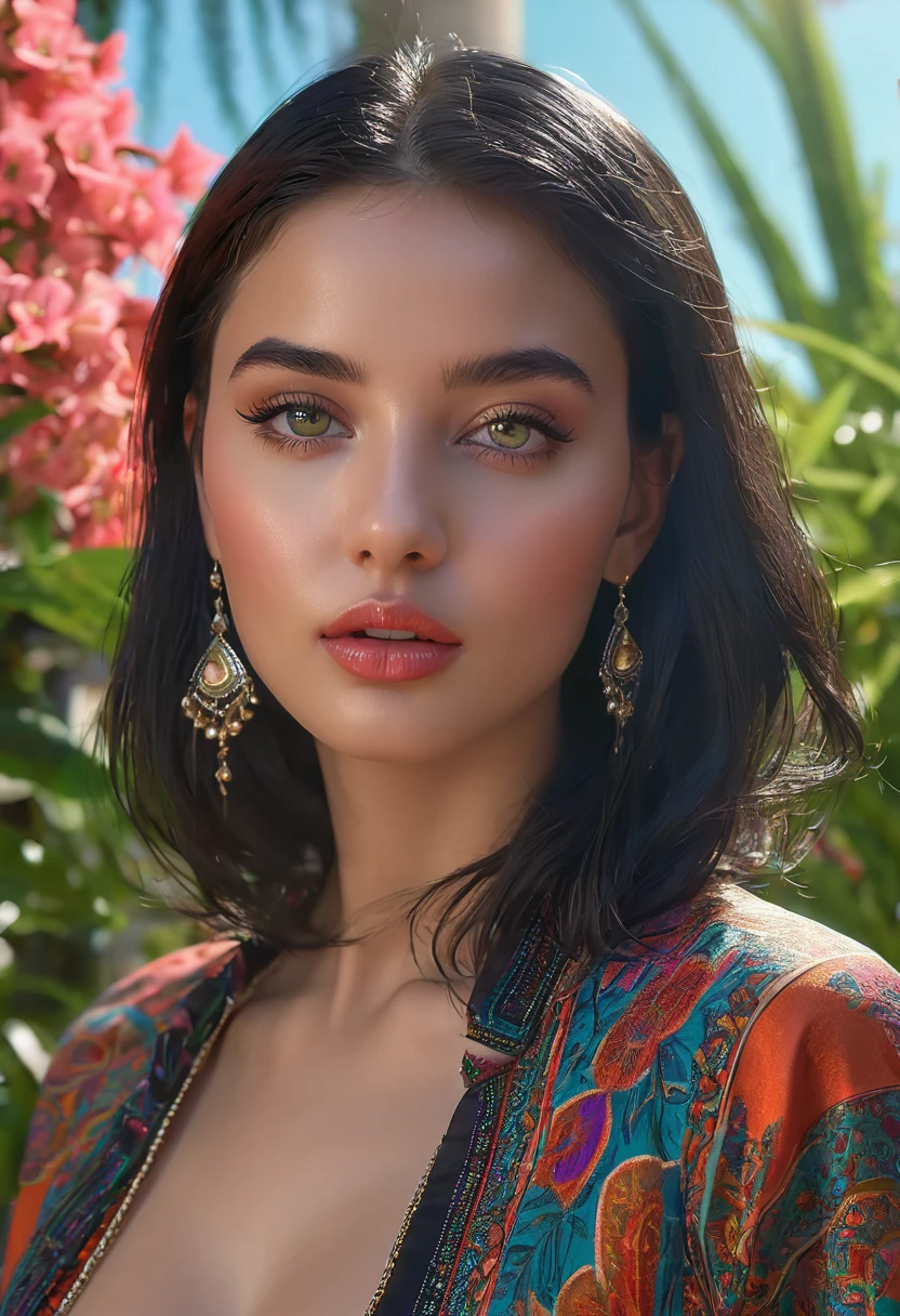 Une fille aux cheveux courts, Beautiful detailed facial features, yeux expressifs, and shiny lips, 2 confident and attractive girls in a bustling garden, Couleurs vives, HDR Lighting, ultra detailed rendering, qualité 4K incroyable, Un chef-d&#39;artwork:1.2, a glamorous and seductive harem setting, vêtements et poses provocateurs, des tons de peau variés avec un accent sur le style des filles noires, un sentiment d&#39;autonomie et d&#39;autonomisation, exotic and seductive atmosphere, a mixture of&#39;influences occidentales et orientales, regards séduisants et sourires captivants, une sensation dominante et luxueuse, a perfect balance between elegance and sensuality.