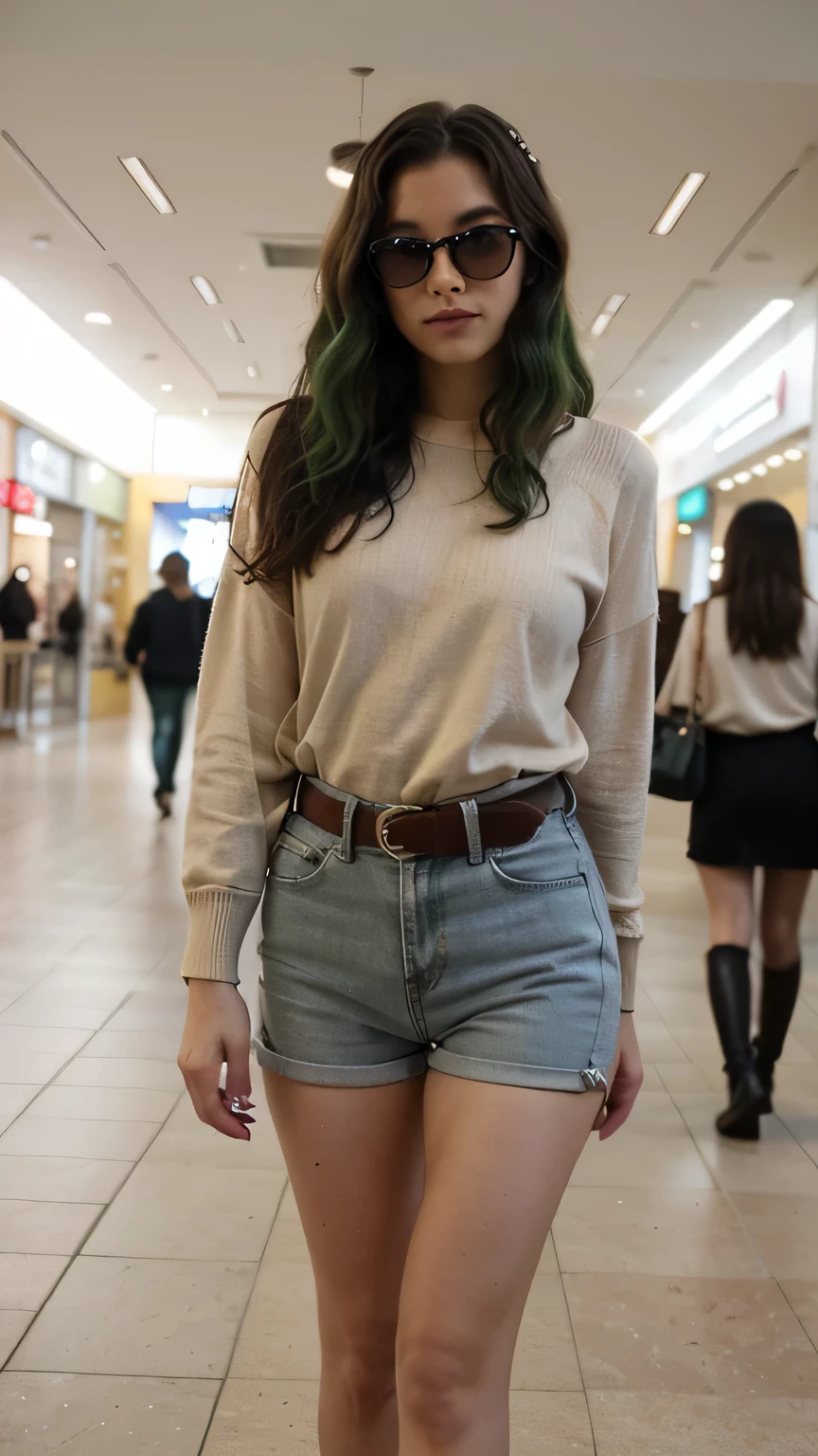 1girls, Nur, green Hair , 24 years old , on.  Blouse: White shirt + beige sweater

 Bottom: Blue jeans + black belt

 Shoes: Black/brown boots

 Accessory: Sunglasses + stylish bag

 Hair: Straight/wavy, natural

 Makeup: Light, nude tones

  It should be clearly taken with an iPhone camera, it should be posed in the shopping mall, its hands, feet, legs, arms, face and body should be flawless and flawless.