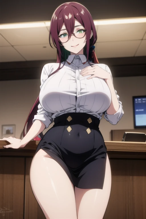 mature women,milf,large breast,beautiful face,long hair, shiny hair, green eyes,high detailed,red hair, hair between eye,masterpiece,perfect anatomy,cleveage,dynamic pose,White Shirt, Black Skirt, Office Lady,sexy smile,cowboy shot,pony tail,glasses,