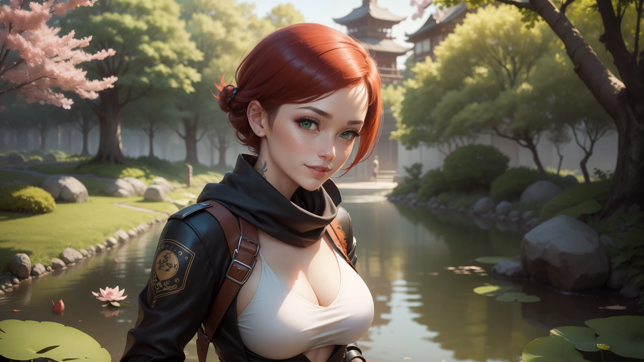 gwen tennyson,tracer,chun-li,anko mitarashi,atelier ryza,nier automata,1girl, close up,mecha pilot,tattoos,cherry blossom forest,orange tight skirt,steel long sleeve fishnet top,short hair,fishnet stockings,cute makeup,green eyes, red and gold hair,shy smile,freckles, redhead,beautiful girl,large breasts,ultra detailed,realistic,fantasy art,steel armor, long ninja jacket,japanese garden,lotus river,ninja scarf,hair pin,ninja tabi boots,