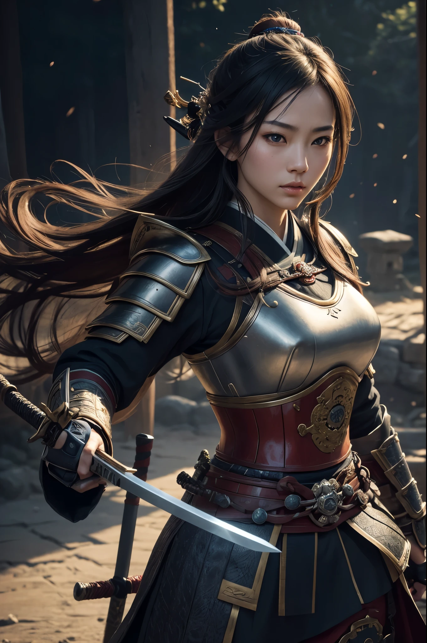 8K,Woman on the Battlefield,Japanese samurai armor,Super beautiful(like the real thing),perfect face,Perfect hand shape,Charm,Volume measurement,Body balance,ultra high resolution,super realistic skin,Digital single-lens reflex camera, soft lighting, high quality, highly detailed face, highly detailed eyes, highly detailed skin, skin, Scattered beneath the surface, highly detailed face, highly detailed eyes, beautiful expression, lip whole, detailed background, Depth of the bounds written, small breasts、volume lighting, sharp focus, absurd, realistic proportions, excellent anatomy, (realistic, 超realistic:1.4), 16K HDR, dawn,small breastsA 高解像度,super realistic skin,super beautiful expression,fantasy art,character art,dynamic pose,Holding a long, large sword,戦国時代のJapanese samurai armor,