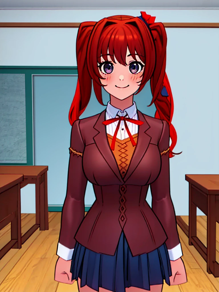 Twintail, red haired, 1girl, grey eyes, well toned, well built, muscled, toned muscles,  (masterpiece), best quality, highres, solo, ribbon, white ribbon, hair ribbon, brown jacket, jacket, long sleeves, smiling, indoors, classroom background, standing, looking at the viewer, (ddlc school uniform:1.3)