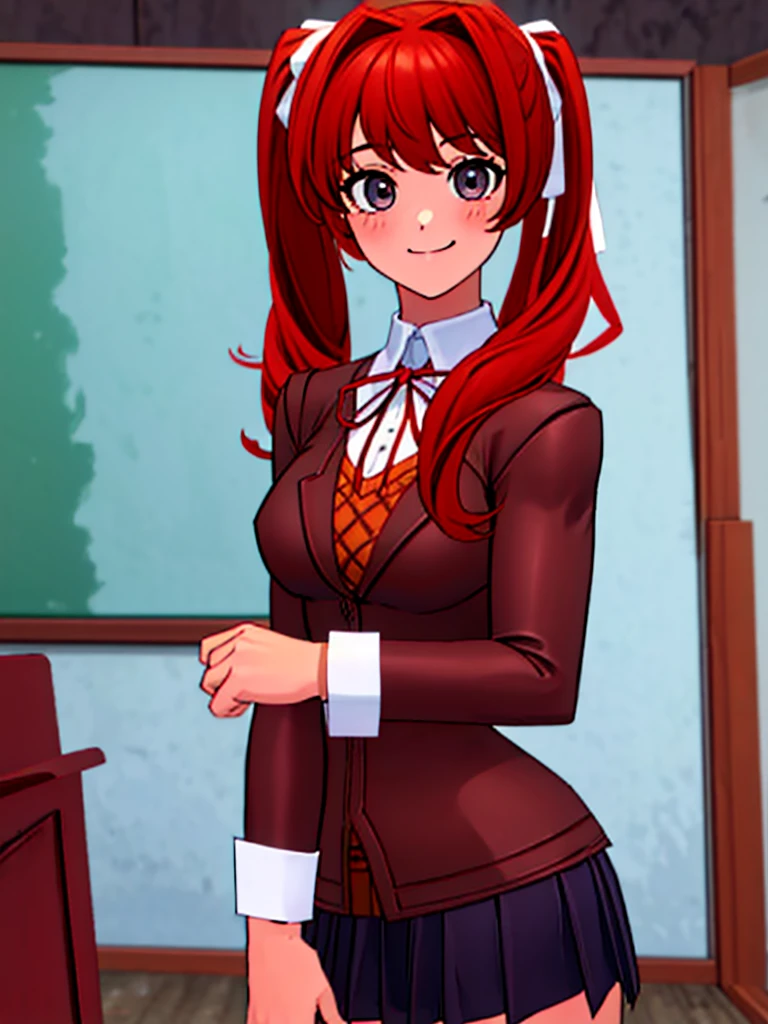 Twintail, red haired, 1girl, grey eyes, well toned, well built, muscled, toned muscles,  (masterpiece), best quality, highres, solo, ribbon, white ribbon, hair ribbon, brown jacket, jacket, long sleeves, smiling, indoors, classroom background, standing, looking at the viewer, (ddlc school uniform:1.3)