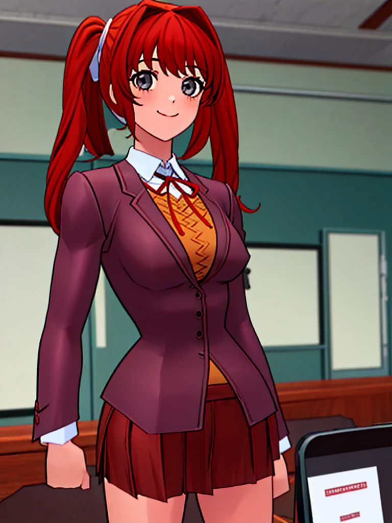 Twintail, red haired, 1girl, grey eyes, well toned, well built, muscled, toned muscles,  (masterpiece), best quality, highres, solo, ribbon, white ribbon, hair ribbon, brown jacket, jacket, long sleeves, smiling, indoors, classroom background, standing, looking at the viewer, (ddlc school uniform:1.3)