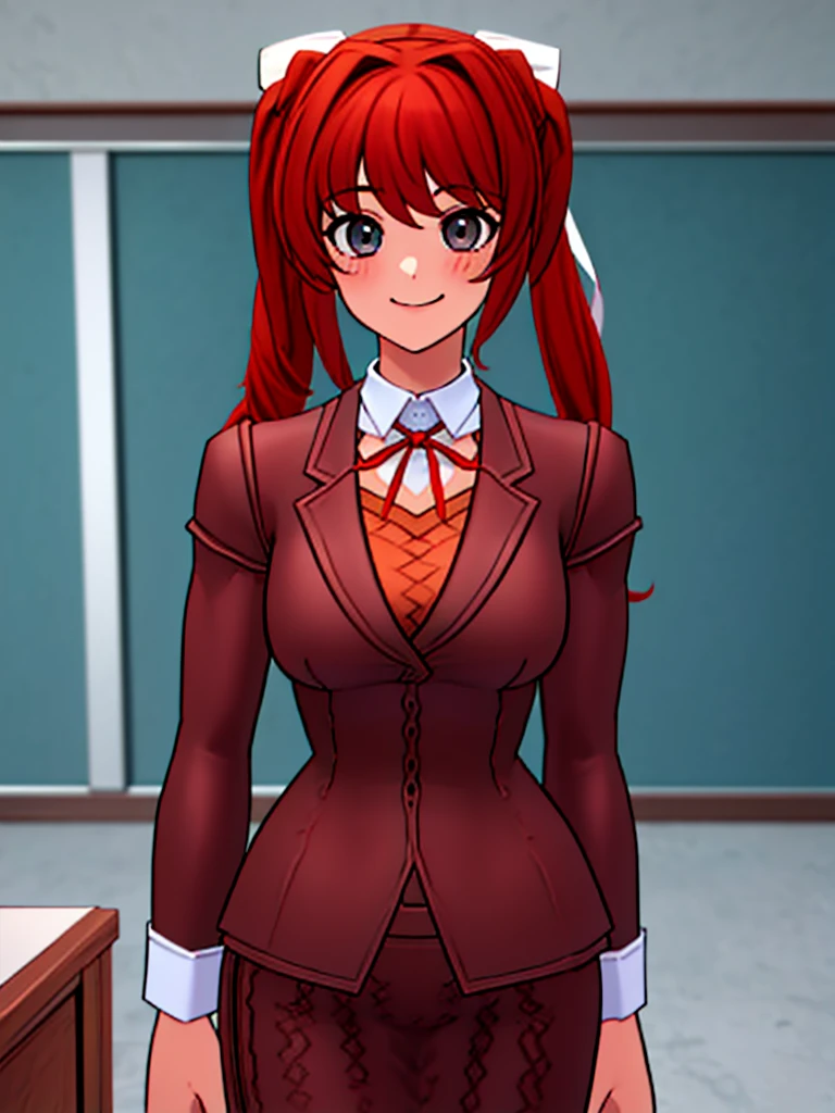 Twintail, red haired, 1girl, grey eyes, well toned, well built, muscled, toned muscles,  (masterpiece), best quality, highres, solo, ribbon, white ribbon, hair ribbon, brown jacket, jacket, long sleeves, smiling, indoors, classroom background, standing, looking at the viewer, (ddlc school uniform:1.3)