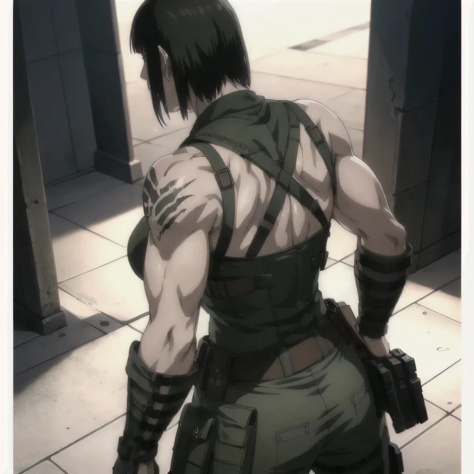 (best quality,ultra-detailed,realistic:1.37),musclaur military badass girl with sculpted body have a tattoos Do not wear anything on the upper body and wearing combat trousers , full review of the female character's face and body, intense expression, strong and confident posture, studio lighting, vivid colors, physiologically-based rendering, grungy texture, rugged background, dust particles in the air, commanding presence, professional, powerful, gritty aesthetics,,Valmet،short hair,back muscles،Angle from behind،looking from behind