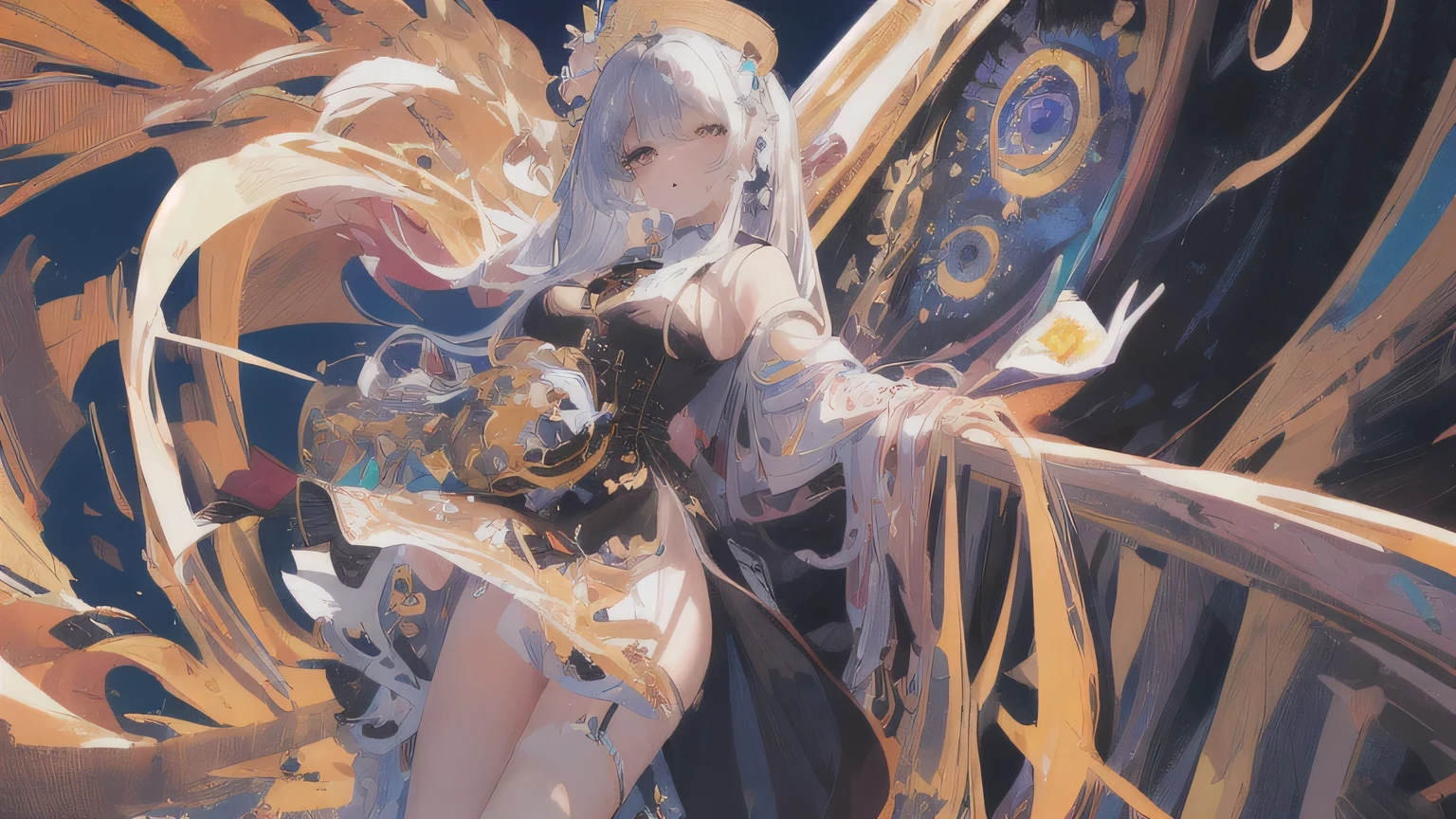 ((masterpiece, best quality, ultra-detailed, high-resolution)), solo, beautiful girl, gleaming eye, perfect eye, , black white gold theme,