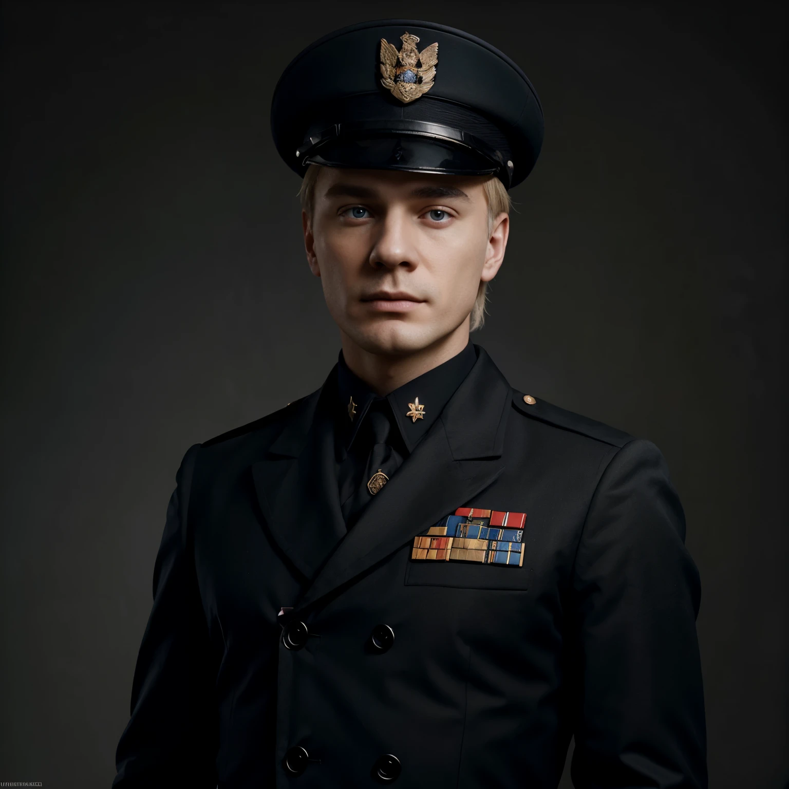 Portrait of the President of the Russian Federation for the game Hoi4 who is a representative of the ideology of esoteric nationalism , Man, blond , in black military uniform , without a cap