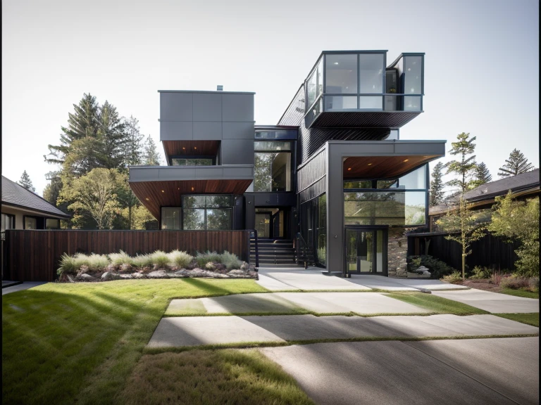 house exterior contemporary style, modernism, glass doors and windows,black metal rail, conwood ceilling, masterpiece, highquality, realistic photo, canon eos 5D mark, natural light,