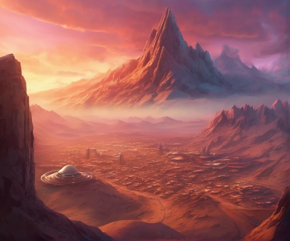 Mountain at sunset, a futuristic city in the desert as background, low clouds cover mountain, realistic+high intricate details, colorful clothing, full bodies, 16k.