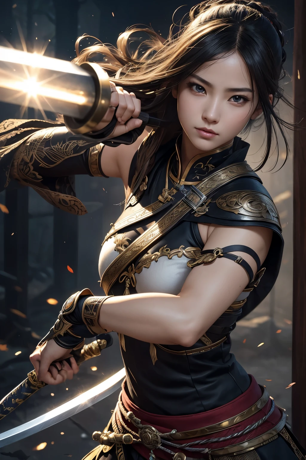 8K,Woman on the Battlefield,Japanese samurai armor,Super beautiful(like the real thing),perfect face,Perfect hand shape,Charm,Volume measurement,Body balance,ultra high resolution,super realistic skin,Digital single-lens reflex camera, soft lighting, high quality, highly detailed face, highly detailed eyes, highly detailed skin, skin, Scattered beneath the surface, highly detailed face, highly detailed eyes, beautiful expression, lip whole, detailed background, Depth of the bounds written, small breasts、volume lighting, sharp focus, absurd, realistic proportions, excellent anatomy, (realistic, 超realistic:1.4), 16K HDR, dawn,small breastsA 高解像度,super realistic skin,super beautiful expression,fantasy art,character art,dynamic pose,Holding a long, large sword,landscape,
