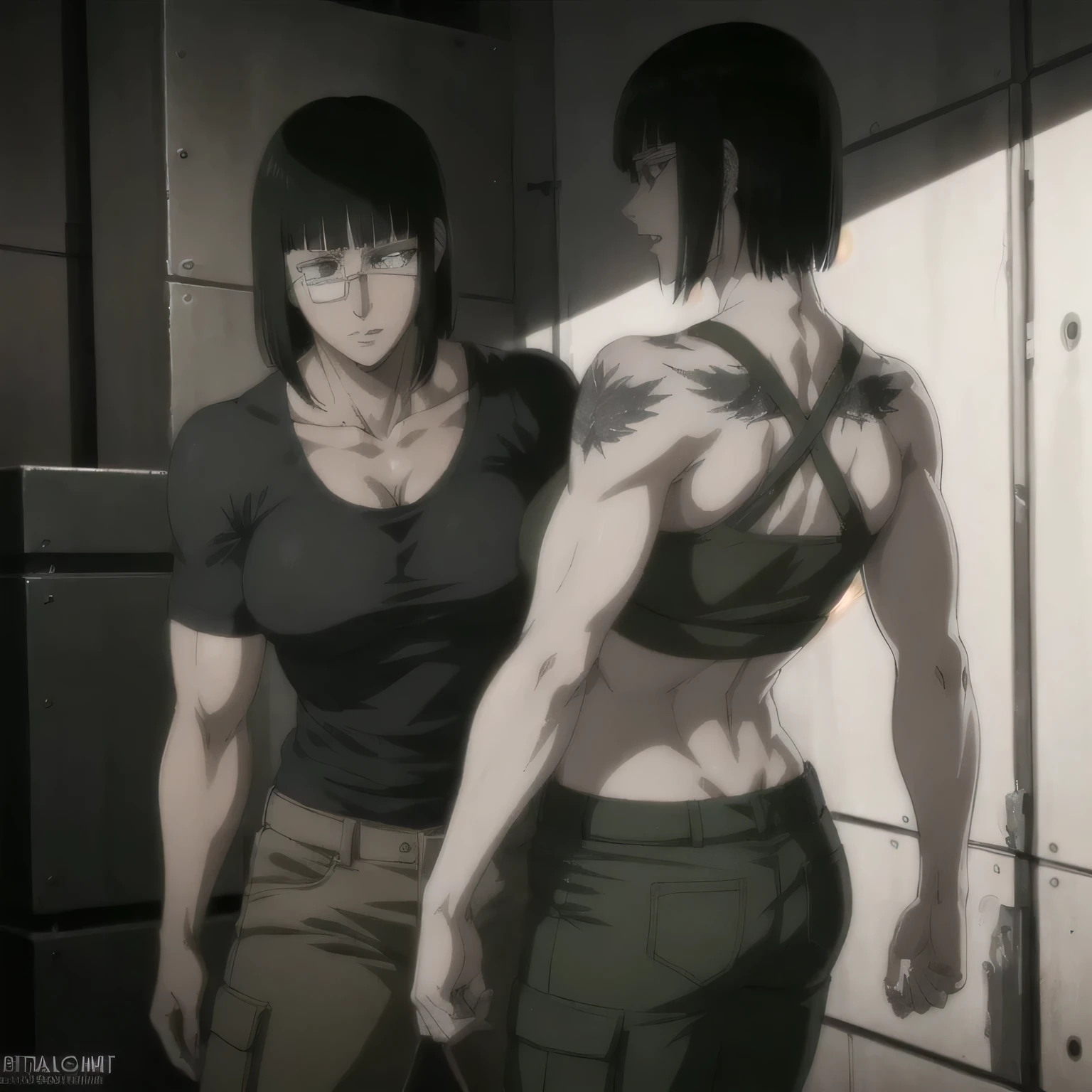 (best quality,ultra-detailed,realistic:1.37),musclaur military badass girl with sculpted body have a tattoos wearing tank top and wearing combat trousers , full review of the female character's face and body, intense expression, strong and confident posture, studio lighting, vivid colors, physiologically-based rendering, grungy texture, rugged background, dust particles in the air, commanding presence, professional, powerful, gritty aesthetics,,Valmet،short hair,back muscles،Angle from behind،looking from behind
