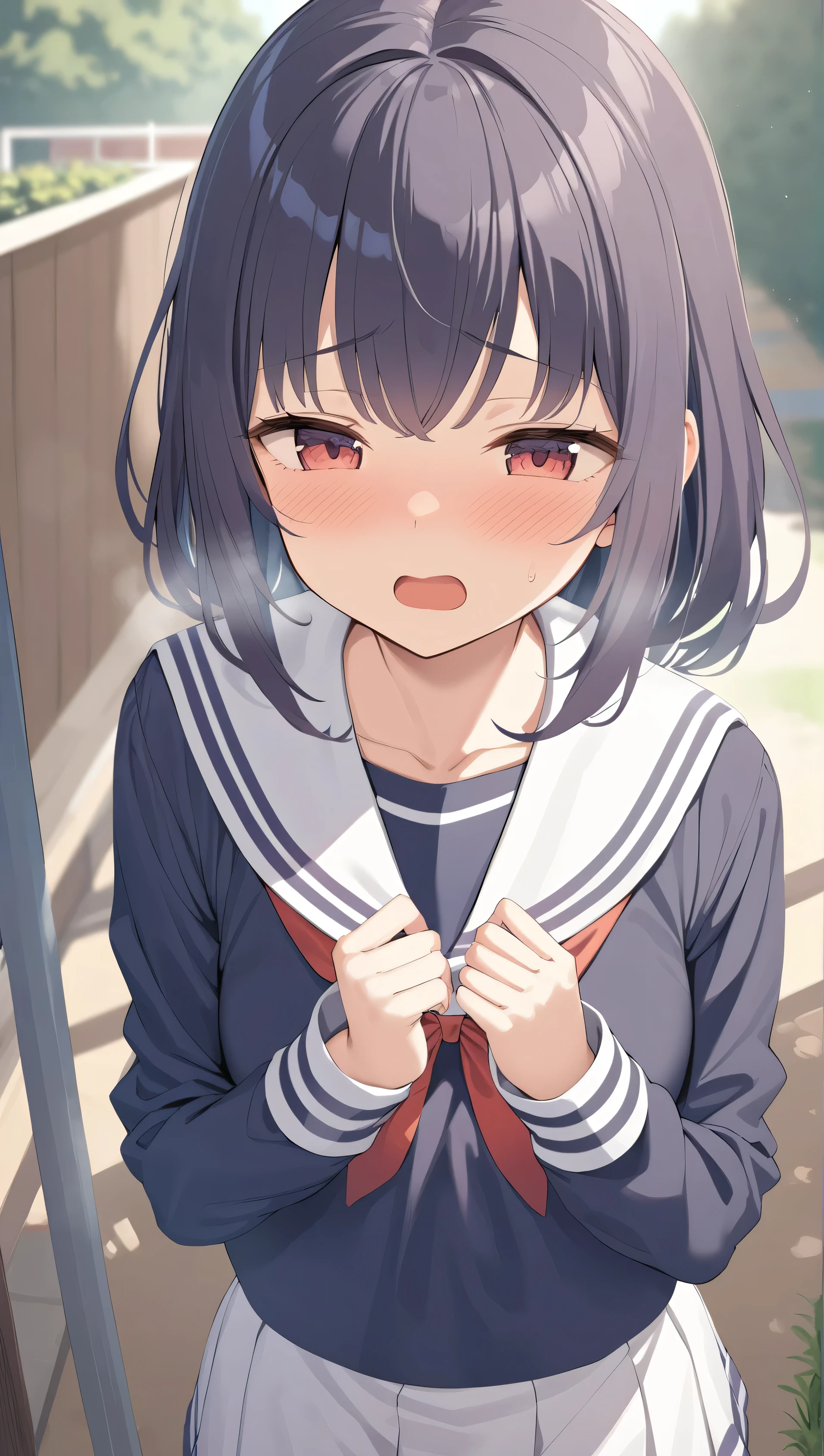 masutepiece, Best Quality,Illustration, Wallpaper, ultra -detail,  Lori、(((molesting)))、Detailed eyes, Complex hairstyle、Sareme、((fear:1.5))、(Teary-eyed:1.5)、(((Cute underwear)))、(a sailor suit、skirt by the)、ample breasts、((Morester))、((Girl being taken off her skirt by a man))