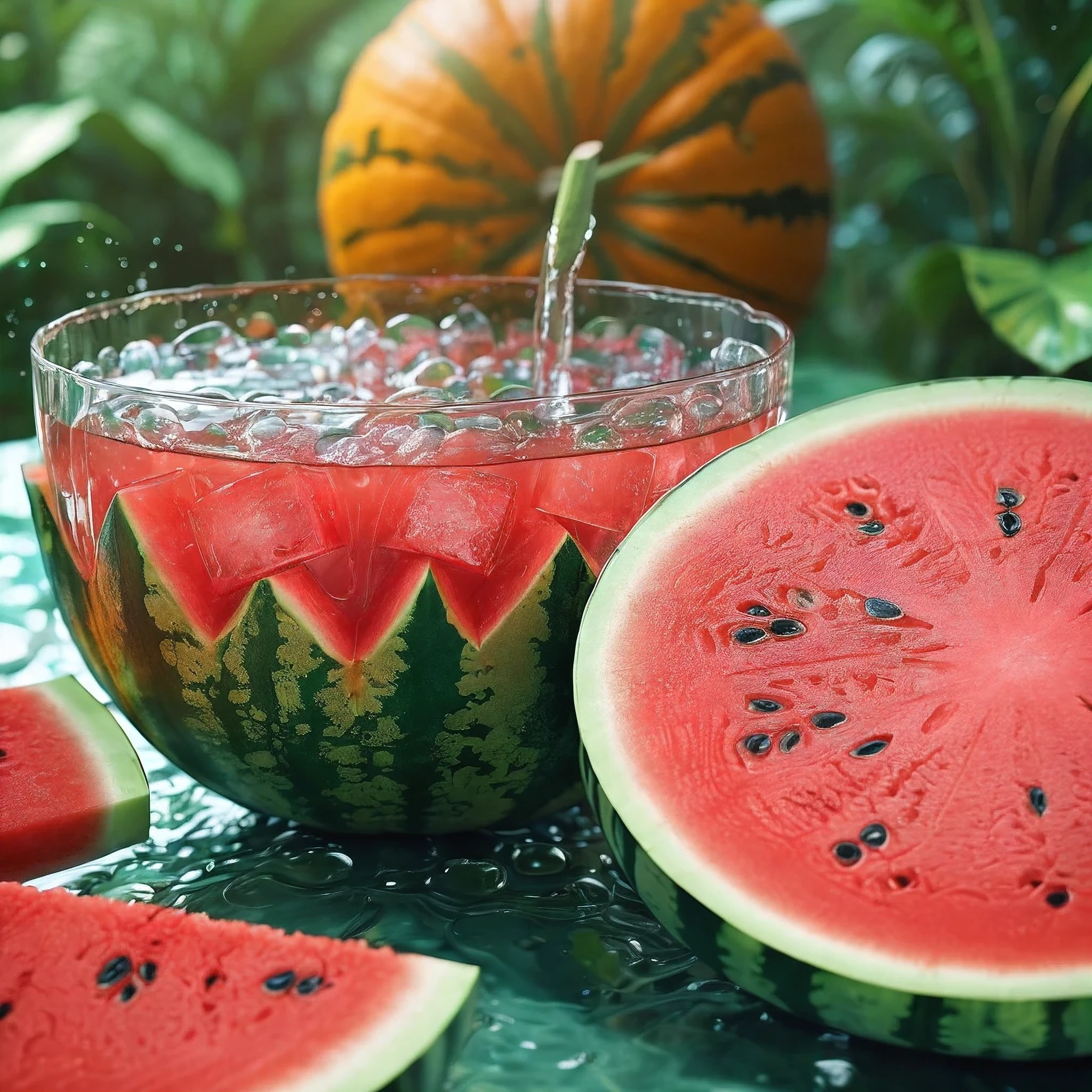 Drink, ice cube, watermelon, Tropical plants, hot weather, HD detailed, Moist watermark, Super detailed, movie, hyper realism, soft light, Deep focus bokeh, ray tracing, Spread (ultra-fine glass reflection) And surrealism --niji 5.pumpkin.