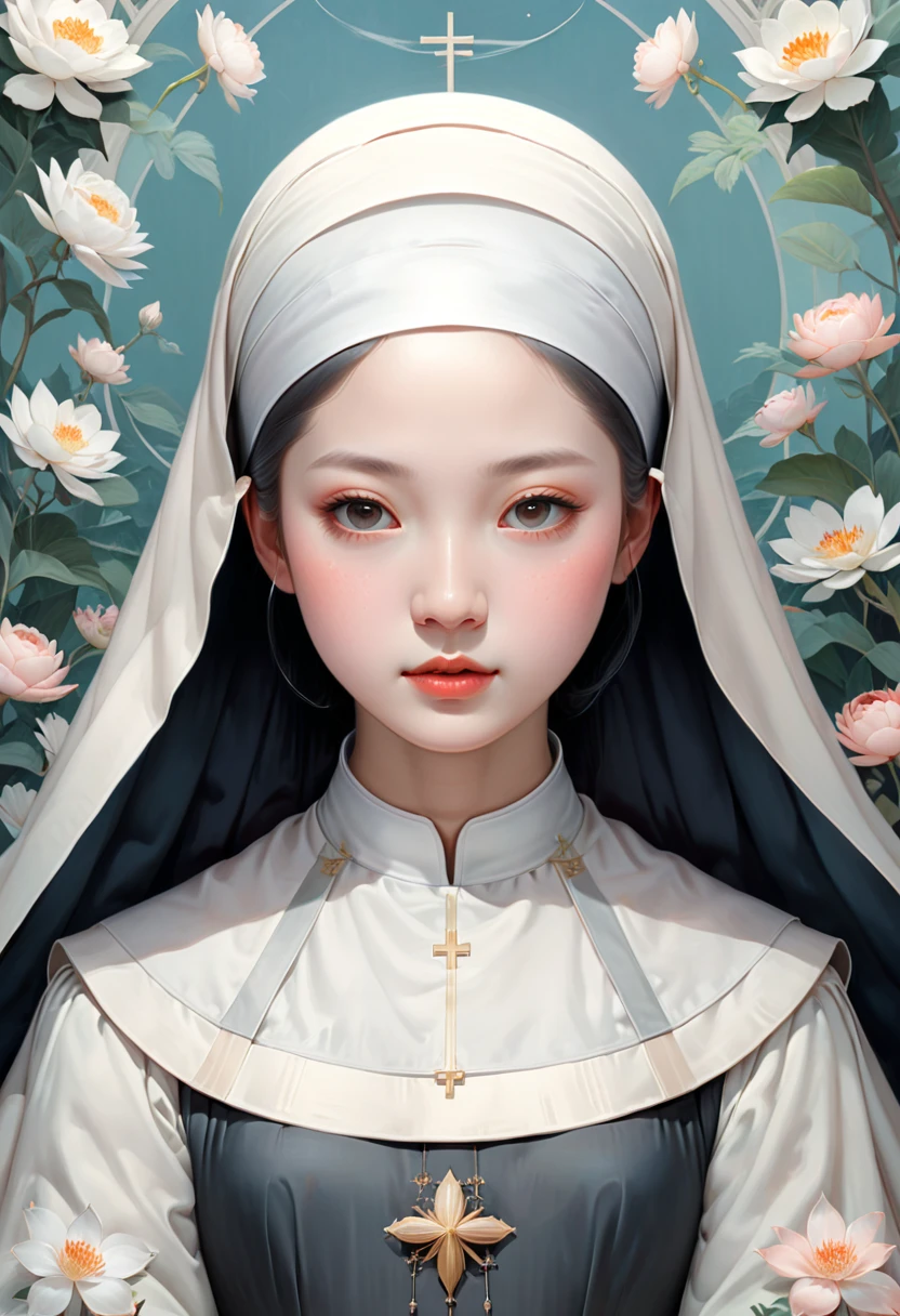 young Nun, by Hsiao Ron Cheng, (masterpiece, best quality, Professional, perfect composition, very aesthetic, absurdres, ultra-detailed, intricate details:1.3)