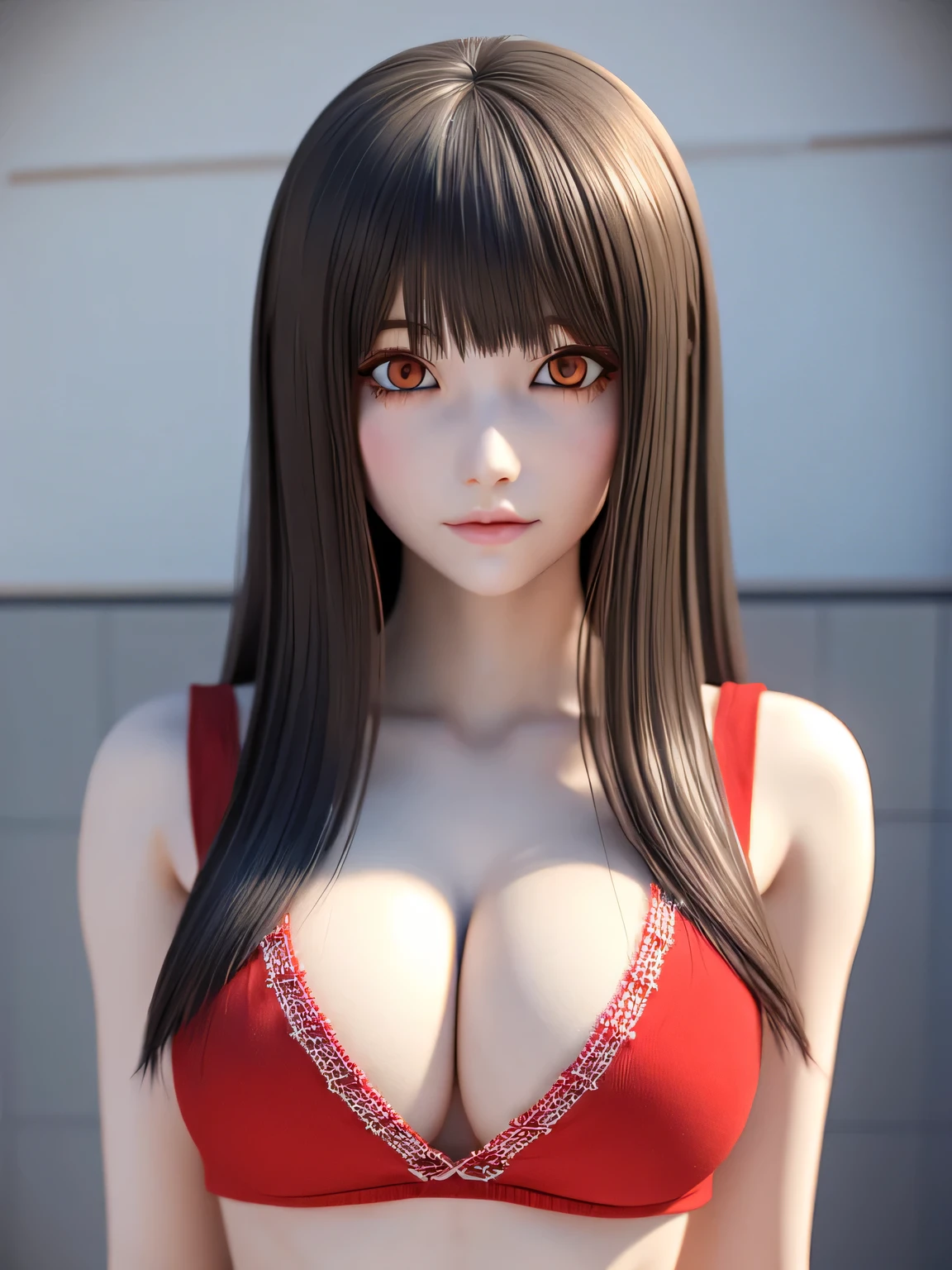 18 year old female，Milky white long hair，red eyes，very huge breasts，perfect hands，((3D anime style))，