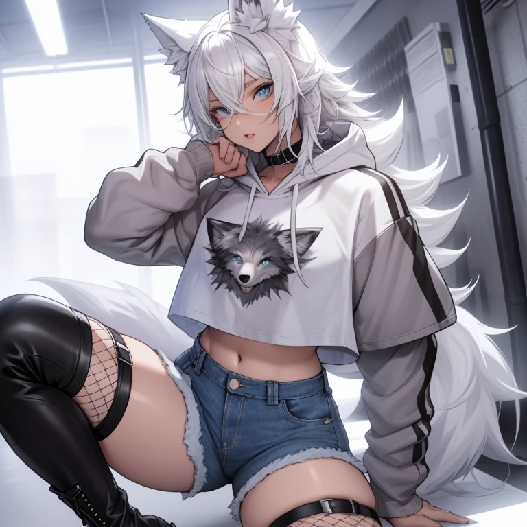 Single boy, Anime Femboy, Short, Long white hair, wolf ears, wolf tail, blue eyes, wearing short denim shorts, thigh high fishnets, black combat boots,wearing cropped fur lined hoodie, flat chest, super flat chest, wearing cropped t-shirt, solo femboy, only one femboy ((FLAT CHEST)) solo, alone, (SOLO)(ALONE) thicc thighs, wide hips, blue eyes, perfect eyes, perfect face, pouty lips, happy, curvy, sparkly blue eyes