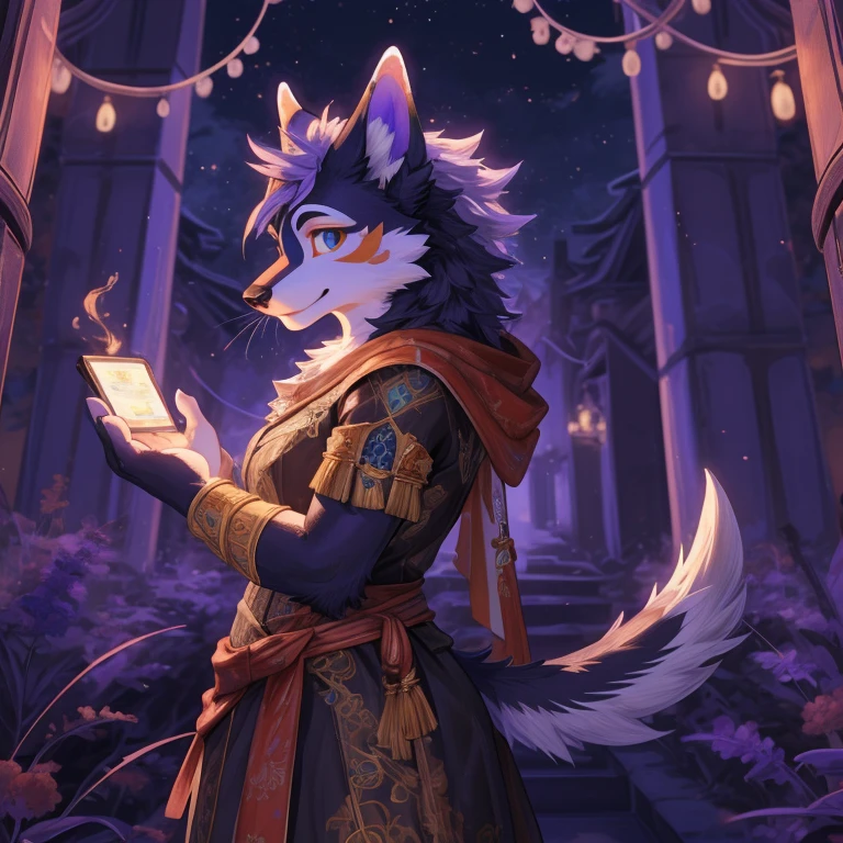 Velu, the femme velu and femme loup solo character, stands with a playful smirk on her fourrure fournie, chevreux roux and long, luxurious cheveux. Her yeux de couleur verrons twinkle with charm and mischief. The gros sein of her magical clothing is kept light and tenu ancien, adding to her mystical and alluring appearance. The scene takes place in a sombre fond with an eerie ambiance, enhancing the fear-inducing atmosphere around Velu. Despite this, her open sourire coquin puts viewers at ease, accompanied by a soft blue blush on her cheeks.