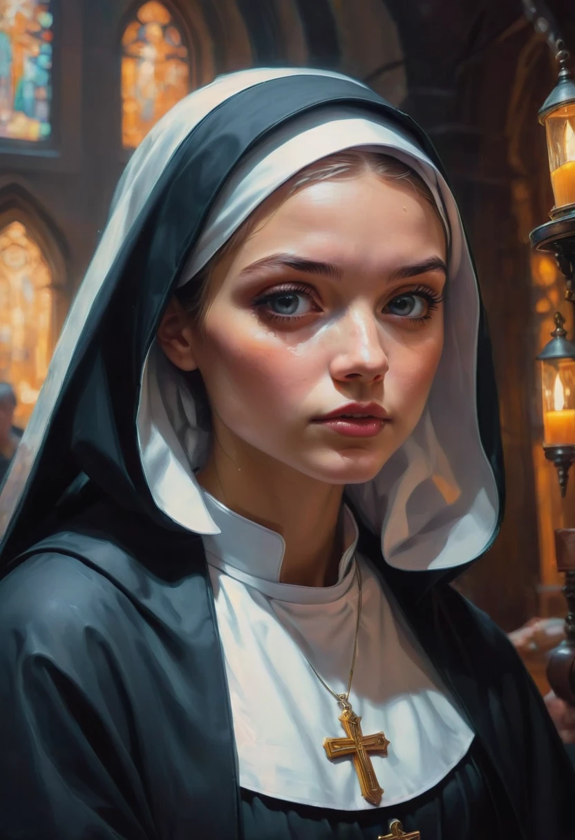 cute Nun, by Brandon Woelfel and Greg Manchess, best quality, masterpiece, very aesthetic, perfect composition, intricate details, ultra-detailed