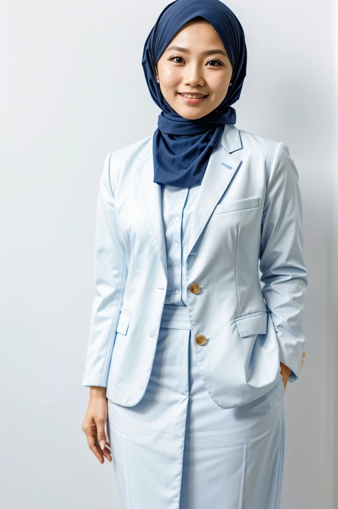 35 year old malay asian lady on white background, taking a passport photo, wearing hijab perfect neat styling, plain, blue proper formal attire, blue blazer, half body, mid shot, standing straight, hand down, looking at camera, smiling, soft smile, professional , front view, straight front view.