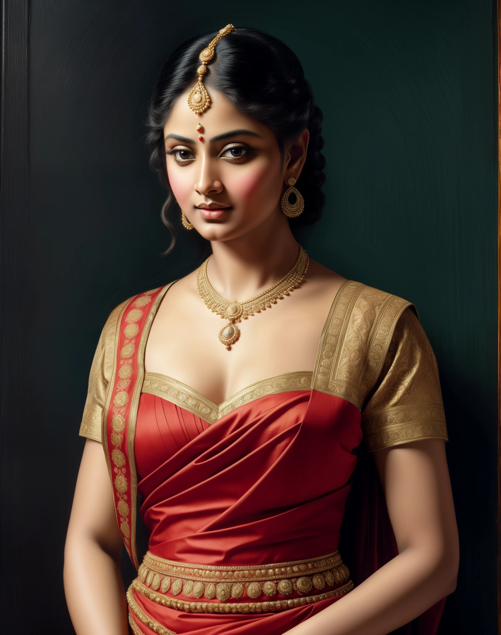 Beautiful Indian Woman, wearing saree, sari Beauty, gorgeous, Apsara, Maharani, royal queen woman, nymph from Hindu Mythology, Urvashi, matchless beauty, Highly detailed, Oil Painting by Peter Paul Rubens inspired by Raja Ravi Varma, Matchless beauty, captivating, gorgeous, heavenly beauty, celestial beauty, by Peter Paul Rubens, 13, realistic, hyper realistic, micro details, incredible artwork, insane details, ultra High resolution, 8k, 32k, acrylic on canvas, intricate, flawless, detailed, detailed face, detailed eyes, masterpiece, by Peter Paul Rubens, by Caravaggio, by William Adolphe bouguereau, perfect face, perfect body, beautiful art, realism, baroque, renaissance Art, highly textured, beautiful and detailed eyes, uhd, best quality,