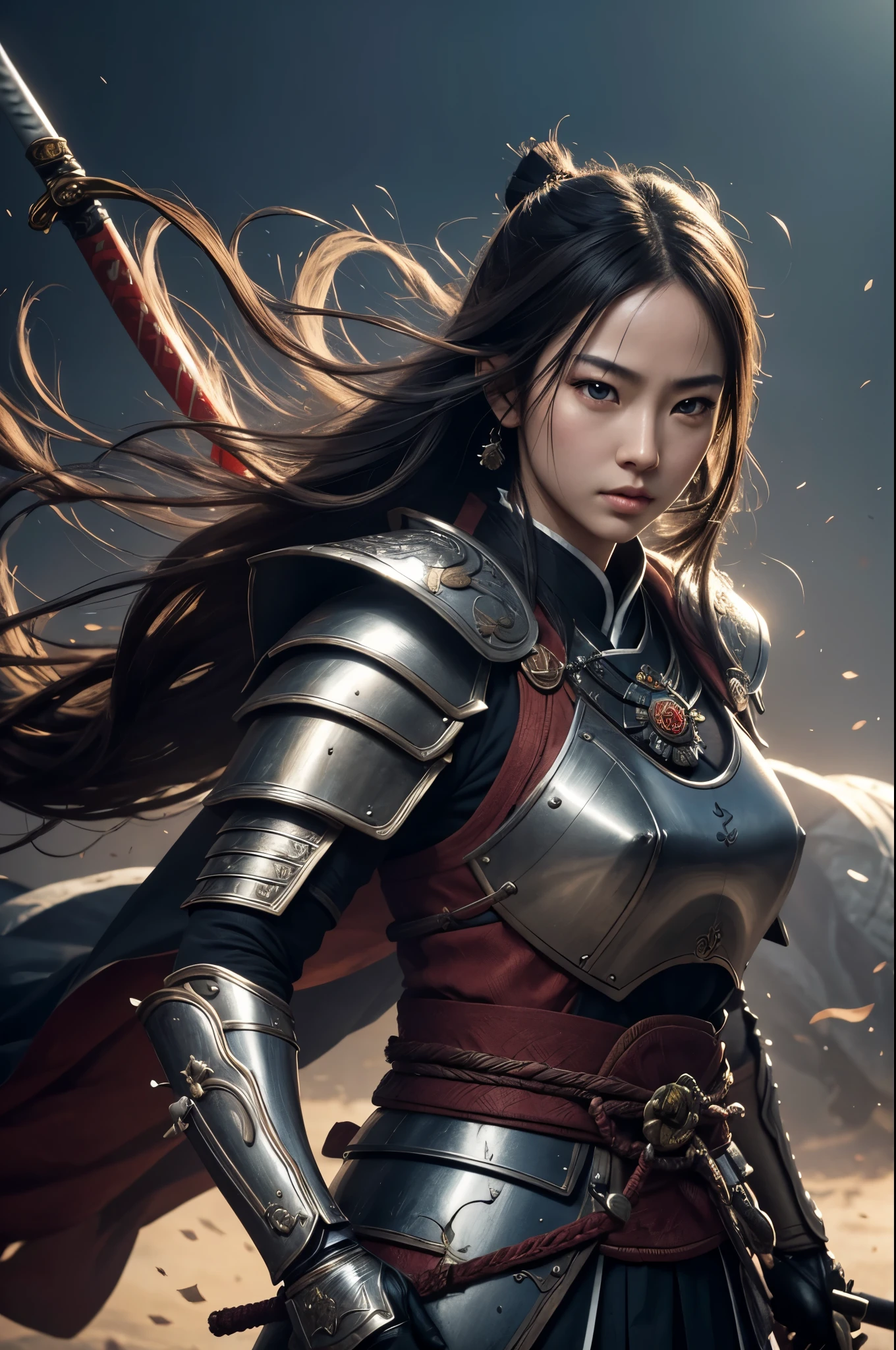 8K,Woman on the Battlefield,Japanese samurai armor,Super beautiful(like the real thing),perfect face,Perfect hand shape,Charm,Volume measurement,Body balance,ultra high resolution,super realistic skin,Digital single-lens reflex camera, soft lighting, high quality, highly detailed face, highly detailed eyes, highly detailed skin, skin, Scattered beneath the surface, highly detailed face, highly detailed eyes, beautiful expression, lip whole, detailed background, Depth of the bounds written, small breasts、volume lighting, sharp focus, absurd, realistic proportions, excellent anatomy, (realistic, 超realistic:1.4), 16K HDR, dawn,small breastsA 高解像度,super realistic skin,super beautiful expression,fantasy art,character art,dynamic pose,Holding a long and large Japanese sword,戦国時代のJapanese samurai armor,