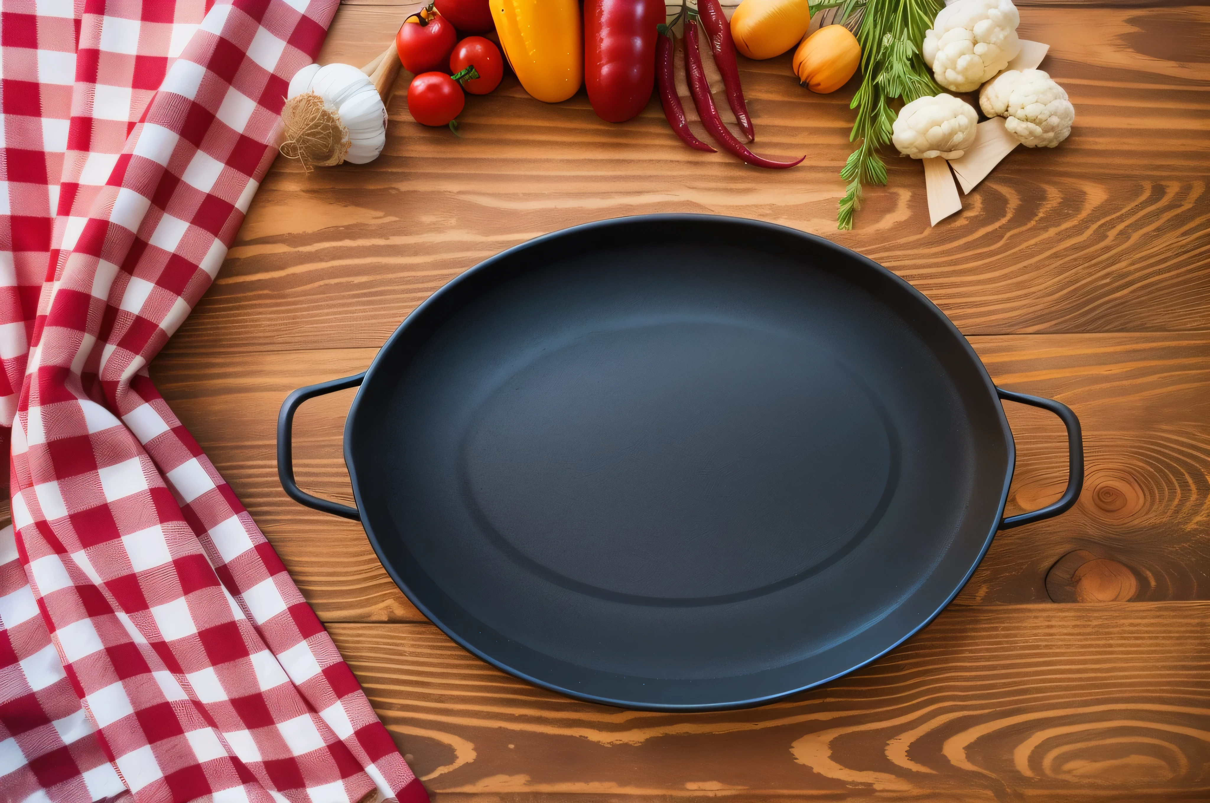 there is a pan with vegetables on a table with a red checkered tablecloth, the plate is on a wooden table, pan and plates, cuisine, cast iron material, cooking show, by Juan O'Gorman, best on adobe stock, ingredients on the table, strange ingredients on the table, vista view, istock, ratatouille style, beautiful image