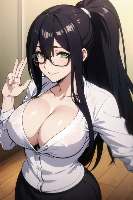 mature women,milf,large breast,beautiful face,long hair, shiny hair, green eyes,high detailed,black hair, hair over one eye,masterpiece,perfect anatomy,cleveage,dynamic pose,White Shirt,open shirt, Black Skirt, Office Lady,sexy smile,cowboy shot,pony tail,glasses,