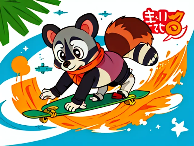 Raccoon Dog Tranform White Tanuki riding Skateboard on desert, Style of Tamagotchi and Hellper 