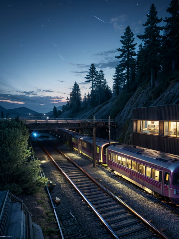 High quality masterpiece, landscape, anime train passing through bodies of water on tracks, bright starry sky. BREAK Romantic train, pixiv, concept art, lofi art style, reflection. by Makoto Shinkai, lofi art, Beautiful anime scene, BREAK Anime landscape, detailed scenery —width 672, in style of Makoto shinkai, style of Makoto shinkai, enhanced details, BREAK,Detailed,Realistic,4k highly detailed digital art,octane render, bioluminescent, BREAK 8K resolution concept art, realism,by Mappa studios,masterpiece,best quality,official art,illustration,ligne claire,(cool_color),perfect composition,absurdres, fantasy,focused,rule of thirds