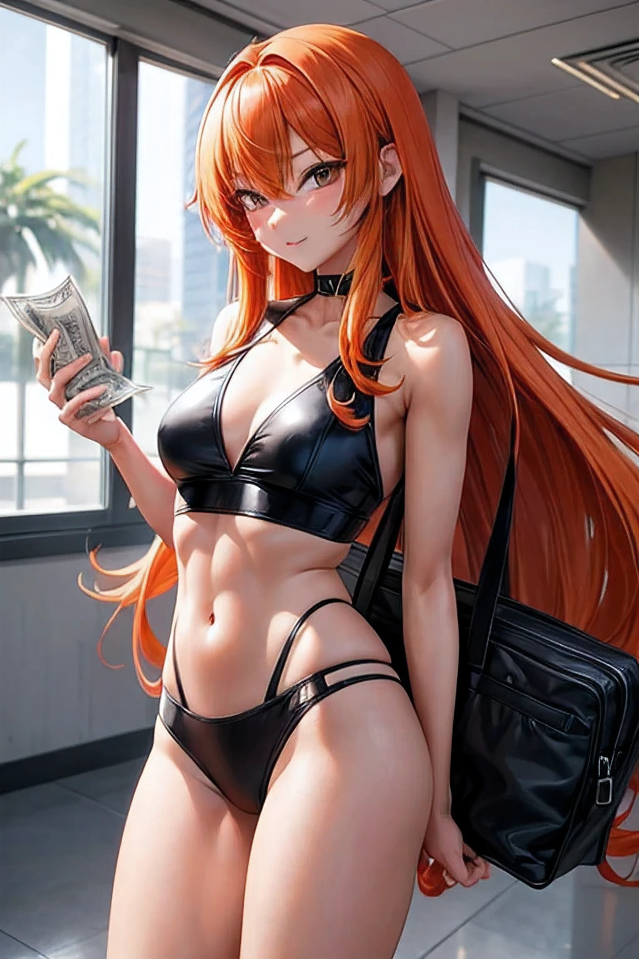 orange haired, black asian eyes, fit and sexy body, thin body, little anime girl, long hair, holding lots of money in her hands, bags of money, rich girl, happy