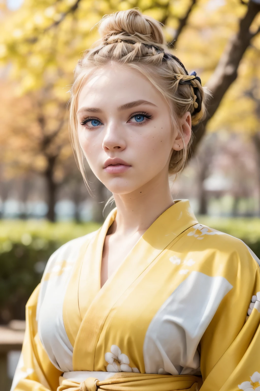 ((AlexiaThompson01R face)). beautiful. perfect, ((blonde hair, hair in a bun, hair falling over one eye, emo bangs)), (blue eyes. Vibrant Blue Eye). perfect skin, white skin. thin nose, thin chin. ((samurai, kimono, yellow kimono) (location: garden, shogun, sakura tree)