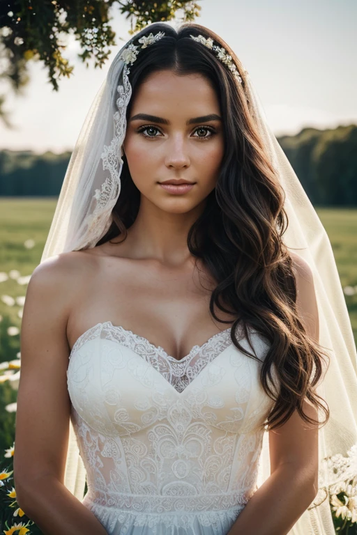 harsh raw (photo of european beautiful young woman, with wavy hair, full white bridesmaid dress, on the head there is a long veil with lace at the edges, pressed against the black muzzle of a Friesian horse completely black and black, with a long curly black mane, in the background there is a beautiful field of daisies, Summer landscape), kind eyes, hyperrealism, 8K UHD, Realistic skin texture,снято на Canon EOS 5D Mark IV, highly detailed, masterpiece,