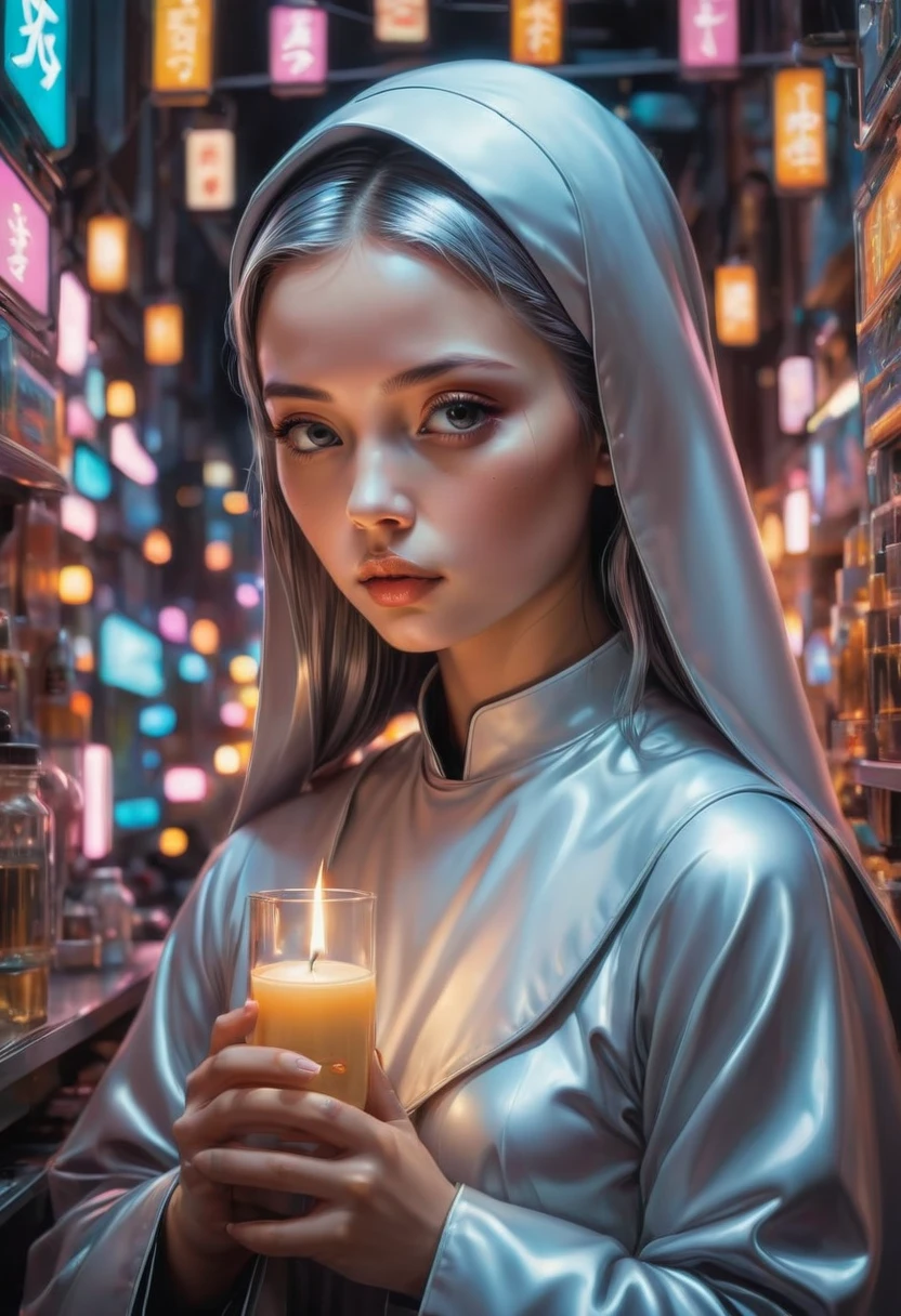 cute Nun, by Brandon Woelfel and hajime sorayama, best quality, masterpiece, very aesthetic, perfect composition, intricate details, ultra-detailed
