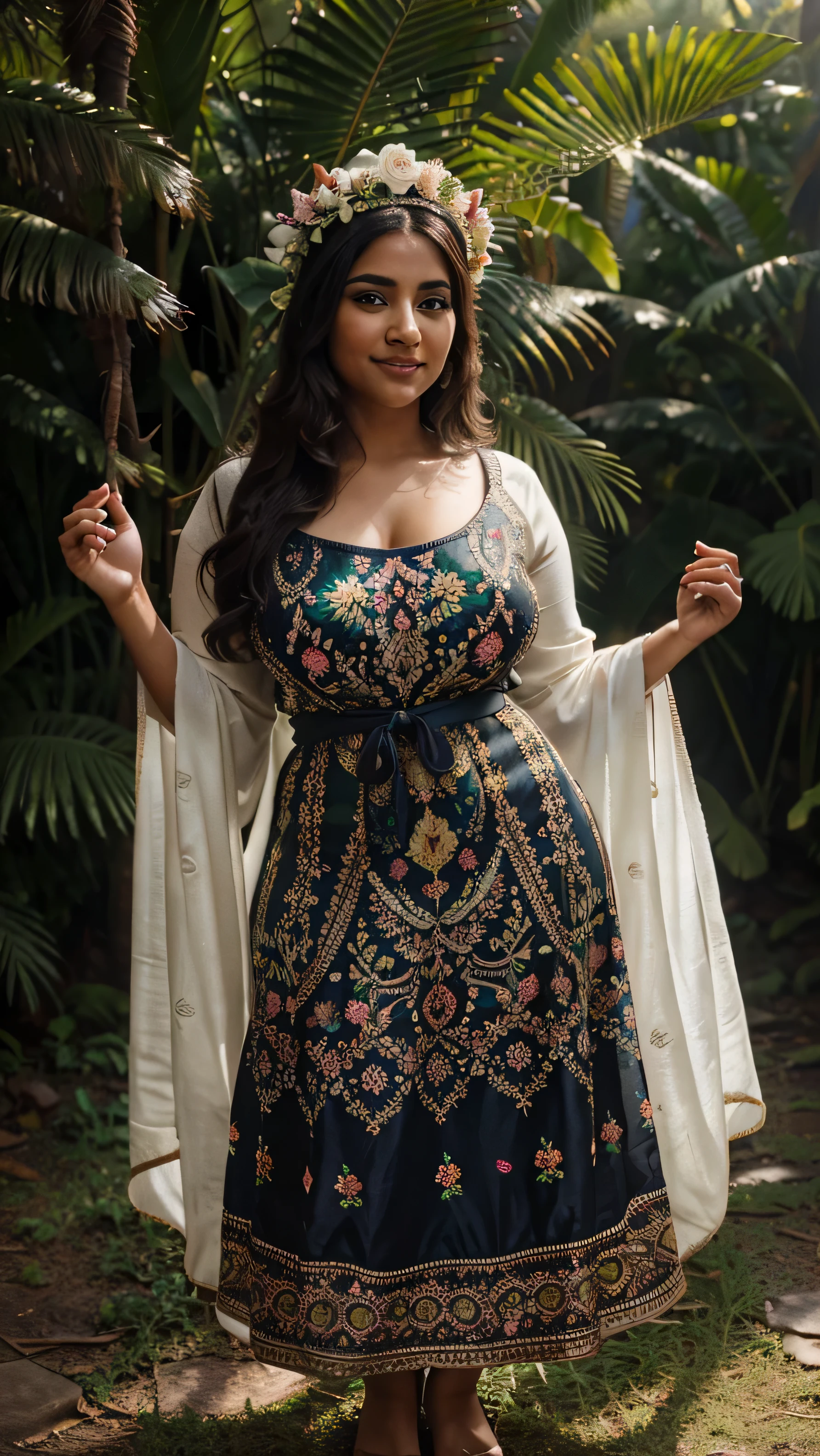 A gorgeous Pakistani cute curvy and dark skinned Muslim woman wearing a beautiful multicolored traditional Muslim dress, plus size body,  a white flower crown on her head, curvy hot body, besides a rainforest, flowers in hand, black long hair, beautiful, one-hand raised, big smile, full body, stunning dark forest background, full light on the face, photorealistic, High resolution, Best Picture Quality, Masterpiece Level, Ultra High Resolution, Face and Eye Detail, Improve Face Detail Realism, Clear Sharp Focus, Mouth Biting, Bright Eyes,