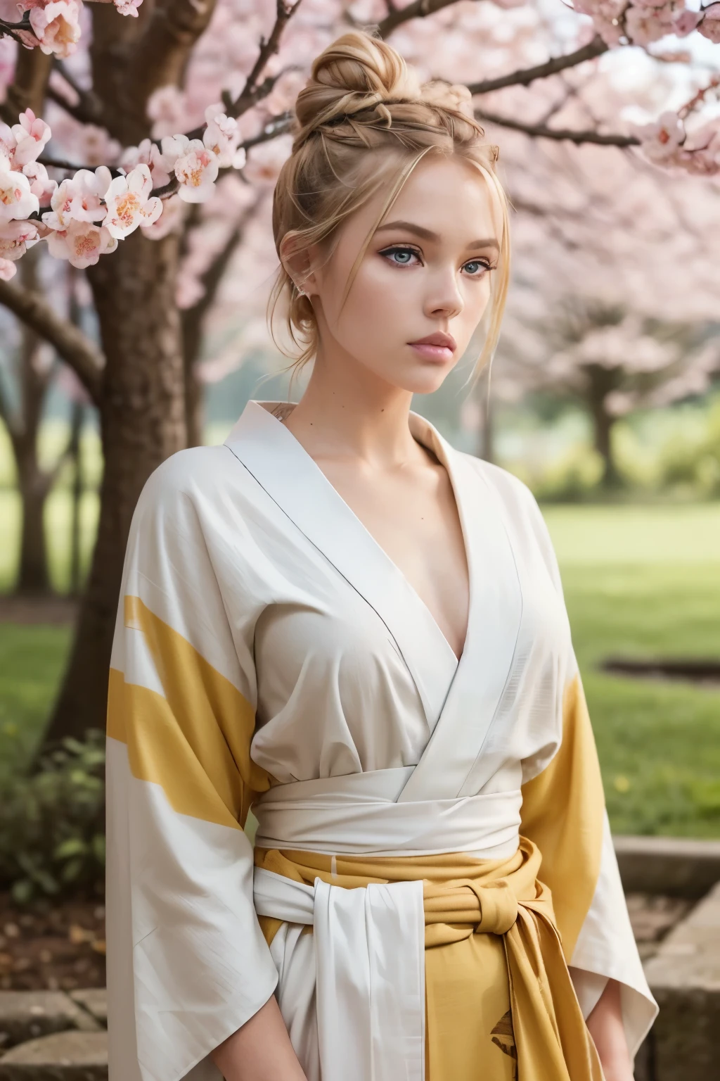 ((AlexiaThompson01R face)). beautiful. perfect, ((blonde hair, hair in a bun, hair falling over one eye, emo bangs)), (blue eyes. Vibrant Blue Eye). perfect skin, white skin. thin nose, thin chin. ((samurai, tiger kimono, yellow kimono) (location: garden, shogun, sakura tree)(makeup, beautiful western woman, mascara, brush) (full body photo, front view, standing)