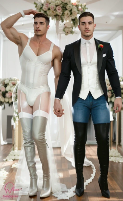   Two Muscular masculine men with very short hair, getting married one in stockings, padded bra,high heels in white , the other like a groom  in jeans and leg high boots