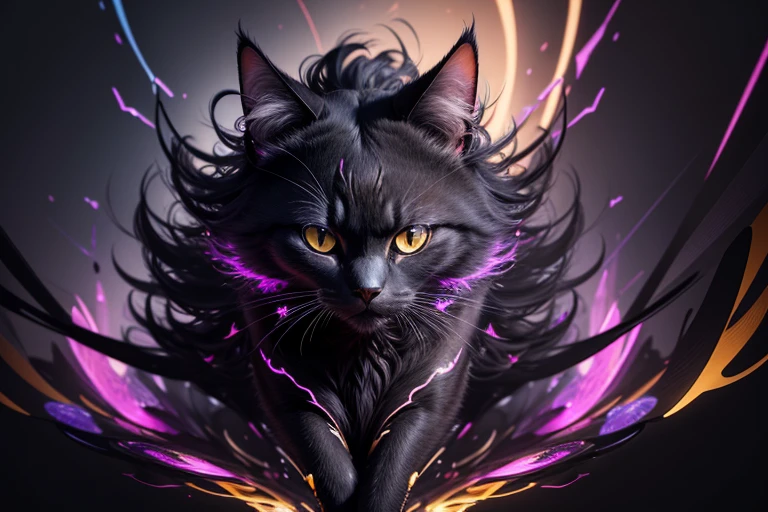 a cg rendering of a cat, animal, sinister, dark, magic, no_humans, beautiful fur, four legs,glow, 4k, posing for a photo, side view, (Abstract art:1.6), (Delicate images), (Highly detailed), (high resolution), (Best quality), (masterpiece)