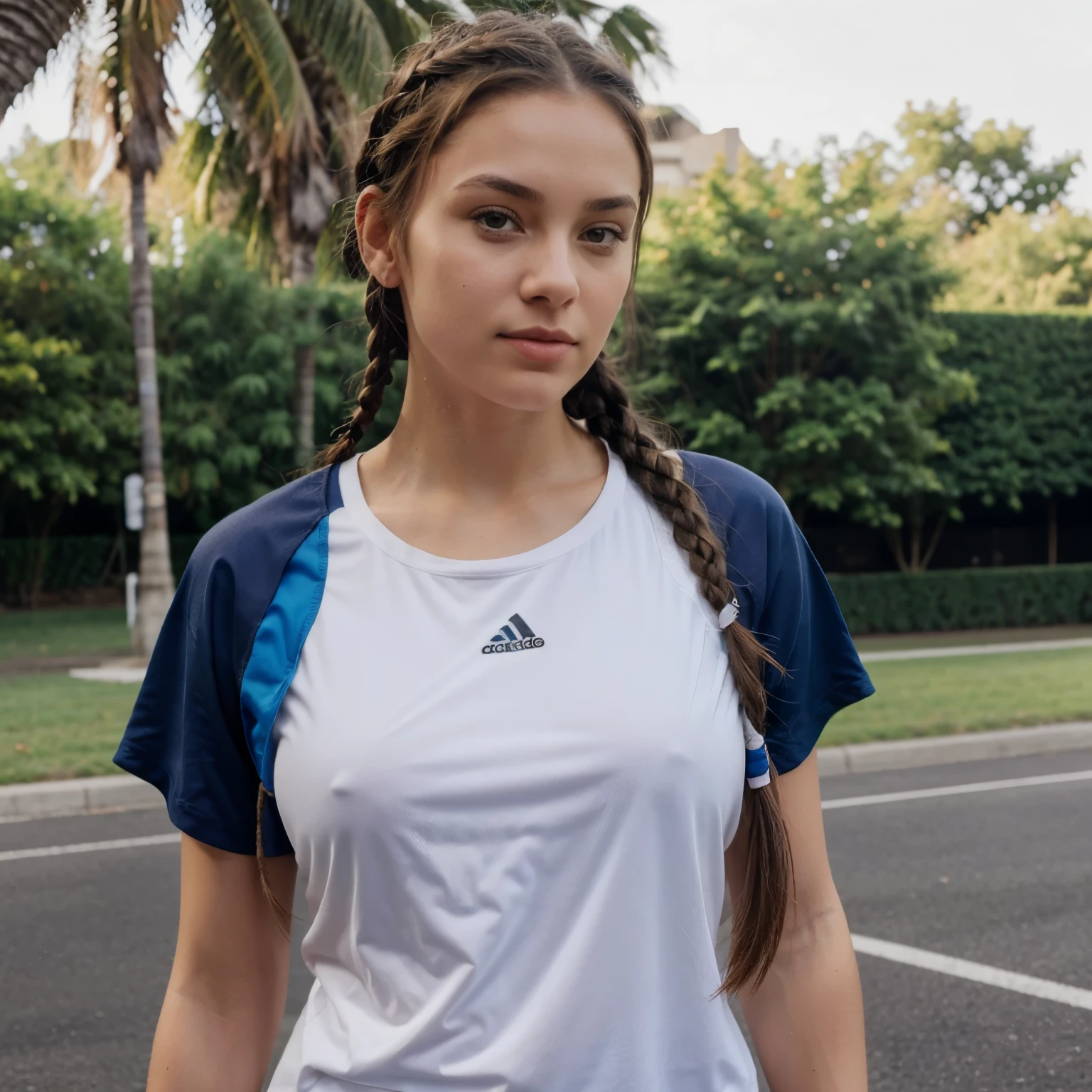 Mulher de 20 anos, brunette hair tied in braids and physical activity clothes 