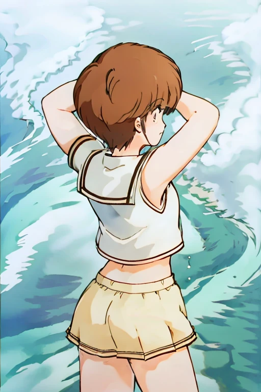 i girl, hiyama hikaru,(best quality,4k,8k,highres,masterpiece:1.2), ultra-detailed, from behind, arms up, sailor top, school skirt, midriff,  slightly excited and smile, sleeveless, thighs, cowboy shot