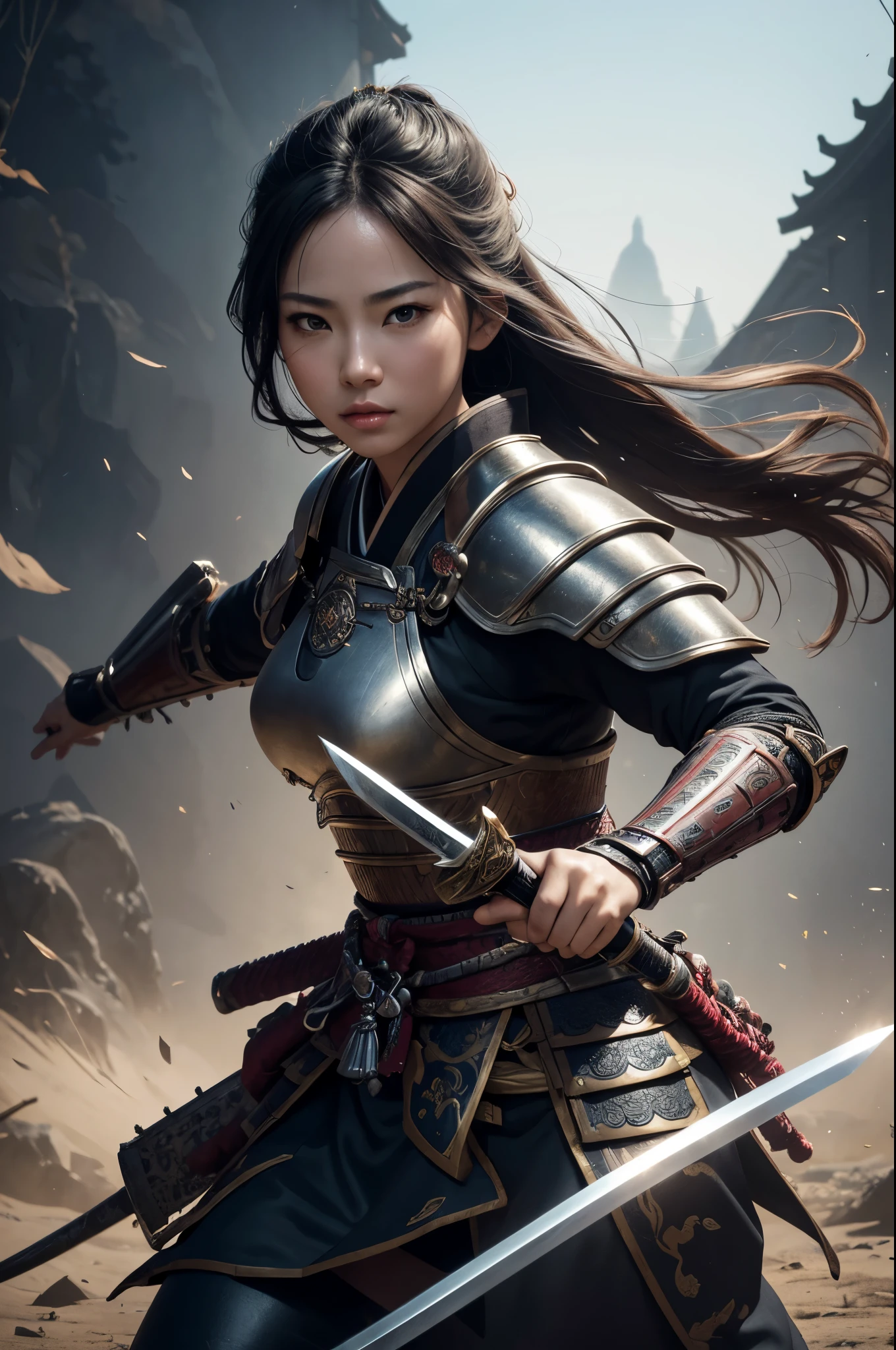 8K,Woman on the Battlefield,Japanese samurai armor,Super beautiful(like the real thing),perfect face,Perfect hand shape,Charm,Volume measurement,Body balance,ultra high resolution,super realistic skin,Digital single-lens reflex camera, soft lighting, high quality, highly detailed face, highly detailed eyes, highly detailed skin, skin, Scattered beneath the surface, highly detailed face, highly detailed eyes, beautiful expression, lip whole, detailed background, Depth of the bounds written, small breasts、volume lighting, sharp focus, absurd, realistic proportions, excellent anatomy, (realistic, 超realistic:1.4), 16K HDR, dawn,small breastsA 高解像度,super realistic skin,super beautiful expression,fantasy art,character art,dynamic pose,Holding a long and large Japanese sword,戦国時代のJapanese samurai armor,Throwing Japanese swords,