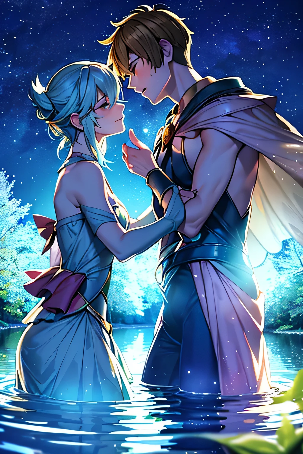 Under the canopy of a starlit sky, Lucas (Male) and Michael (male) sat by the village pond, their laughter echoing through the still night air. As they skipped stones across the water,  each was hesitant to reveal the growing affection they held for Amelia (Female). The flickering glow of the lanterns illuminated their faces, casting shadows that danced with the uncertainty of their emotions.