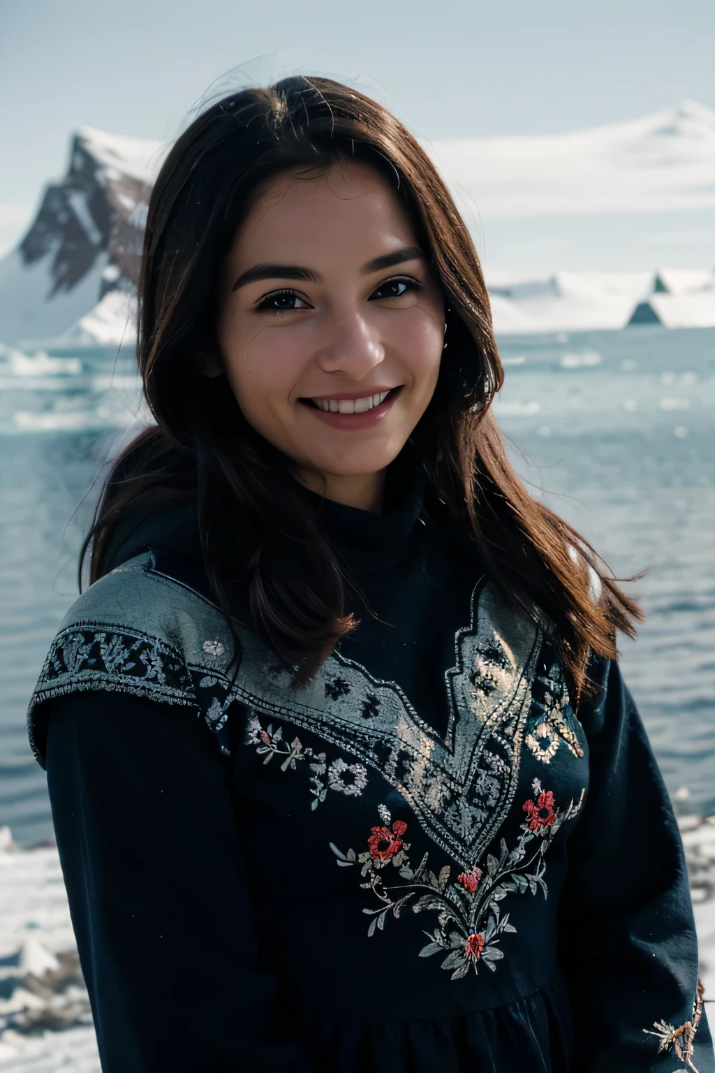 a cute woman smiling at the camera, wearing a stunning embroidered dress in Antarctica, cinematic, film grain