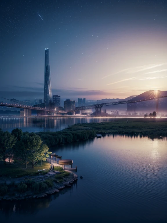 High quality masterpiece, landscape, bodies of water, bright starry sky. city skyline, pixiv, concept art, lofi art style, reflection. by Makoto Shinkai, lofi art, Beautiful scene, realistic landscape, detailed scenery —width 672, in style of Makoto shinkai, style of Makoto shinkai, enhanced details, BREAK,Detailed,Realistic,4k highly detailed digital art,octane render, bioluminescent, BREAK 8K resolution concept art, realism,by Mappa studios,masterpiece,best quality,official art,illustration,ligne claire,(cool_color),perfect composition,absurdres, fantasy,focused,rule of thirds