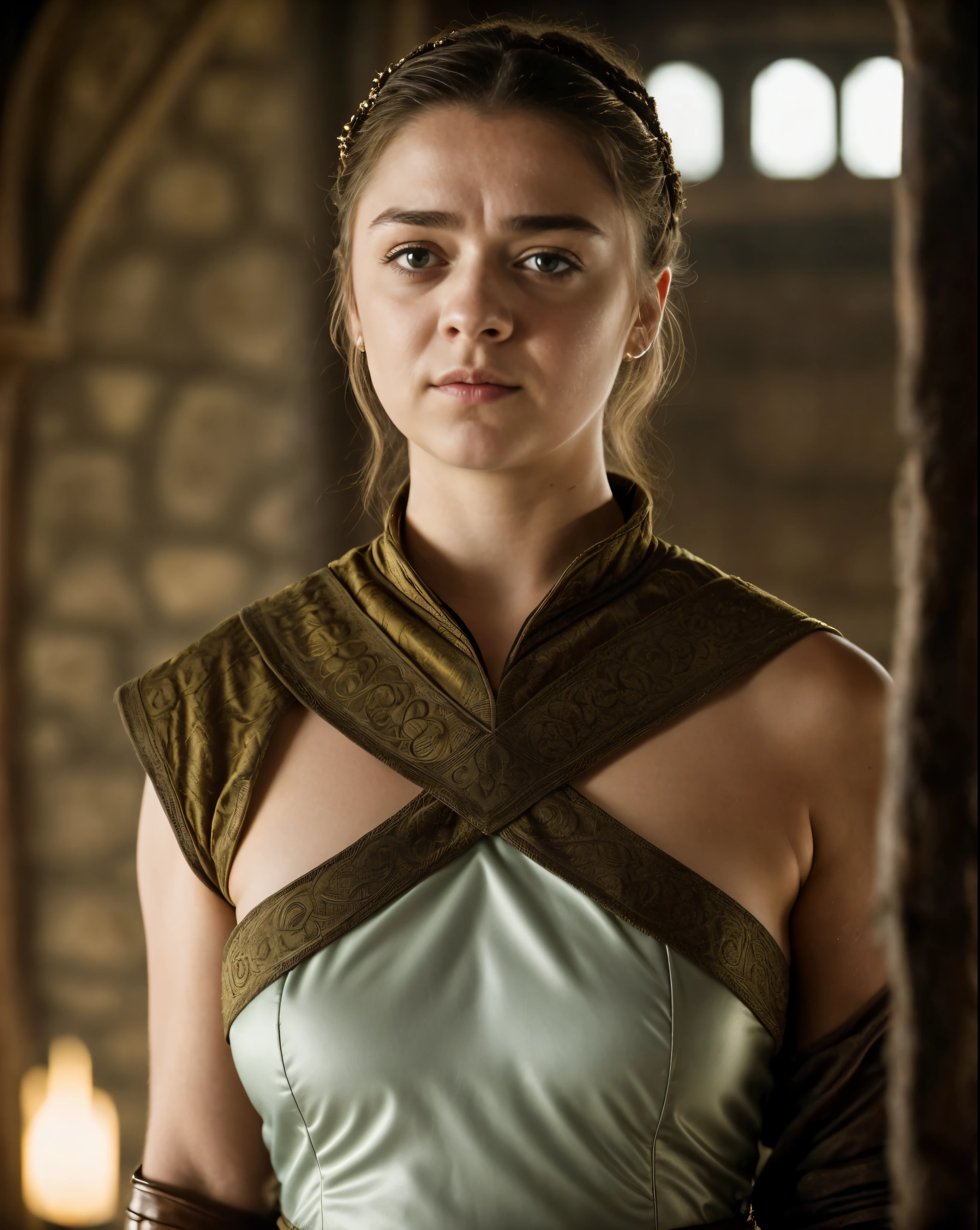 Foto RAW, Arya Stark, Extremely gorgeous lady, Arya Stark PLAYED BY MAISIE WILLIAMS, Queen Arya Stark, she is a mature woman now, milf, pierced eyes, sexy mediaeval battle dress, gladiator woman, body, 45 years old Woman, body revealing costumes, perky breast, big natural breast, erotic costumes, lusty physique, seductive figure can capture every people's attention, Game of thrones costumes, revealing captivating figure, Mediaeval costumes, revealing clothes, A tomboy, she would rather fence than dance, warrior queen , game of thrones screen caps, Game of Thrones Series, (pele altamente detalhada: 1.2), 8k UHD, DSLR, soft-lighting, alta qualidade, grain of film, Fujifilm XT3, flawless picture, highly detailed, detailed Beauty, intricate, 32k, sharp picture, detailed armpits, armpits hair, armps up, arms wide open, sweaty body, sweat,