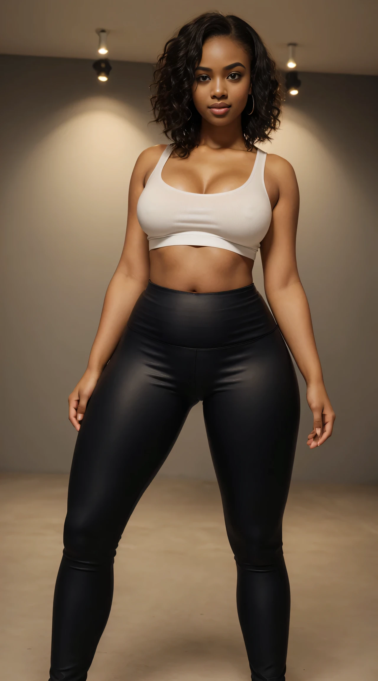 (ultra high definition), (ultra high definition), (full sharpness), (maximum quality), (Cinematic), (8k), (very black Girl), ((very tall girl), ((chubby)), ((extremely beautiful)), (alone), ((full body)), (ultra detailed face), (ultra detailed eyes), (ultra realist eyes), (perfect body), (delicate hands), (very detailed hands), (studio lighting), ((front view)), (very sexy), (malicious smile), (soft skin), (very insinuating), ((perky butt)), (((wearing leggings ))),(((cut off t-shirt))), ((ultra wide hips)), (very thick thighs), ((very thin waist)), (very small breasts), (very big ass), (natural skin), (unique), (totally realistic), (very hot), (very fat ass), (very wide ass), (so sweet), temptation), (very wide pubis), (broad bones), (very round ass), ((no belly)), ((flat belly))