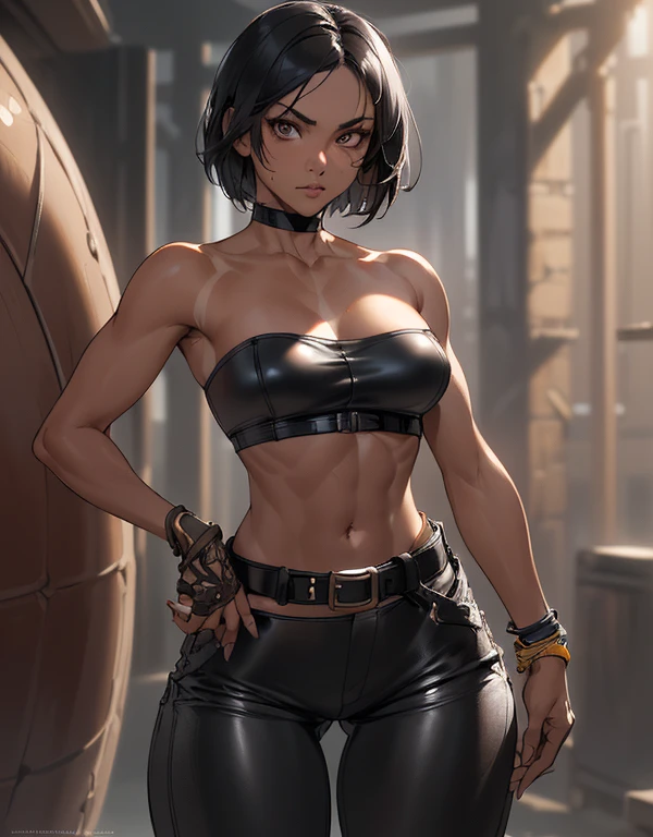 1girl, ((26 year old, Filipino Woman, tanned bronze skin:1.02, short black hair:1.3, Detailed Amber eyes:1.03, Detailed face, medium breasts, (Wearing: Strapless Black tube top, black leather pants, white belt, bracelets:1.2)), (midriff), (agile physique:1.1), (Character Focus),Perfect Anatomy, Looking at Viewer, 4k textures, raw photo, epic artistic, photoreal art, sharp focus, even lighting, insane details, intricate details, hyperdetailed, rich colors
