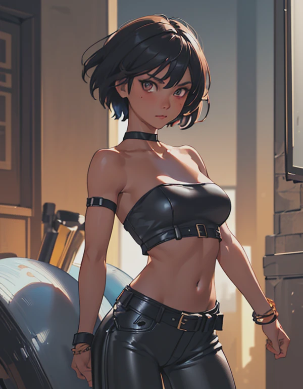 1girl, ((26 year old, Filipino Woman, tanned bronze skin:1.02, short black hair:1.3, Detailed Amber eyes:1.03, Detailed face, medium breasts, (Wearing: Strapless Black tube top, black leather pants, white belt, bracelets:1.2)), (midriff), (agile physique:1.1), (Character Focus),Perfect Anatomy, Looking at Viewer, 4k textures, raw photo, epic artistic, photoreal art, sharp focus, even lighting, insane details, intricate details, hyperdetailed, rich colors
