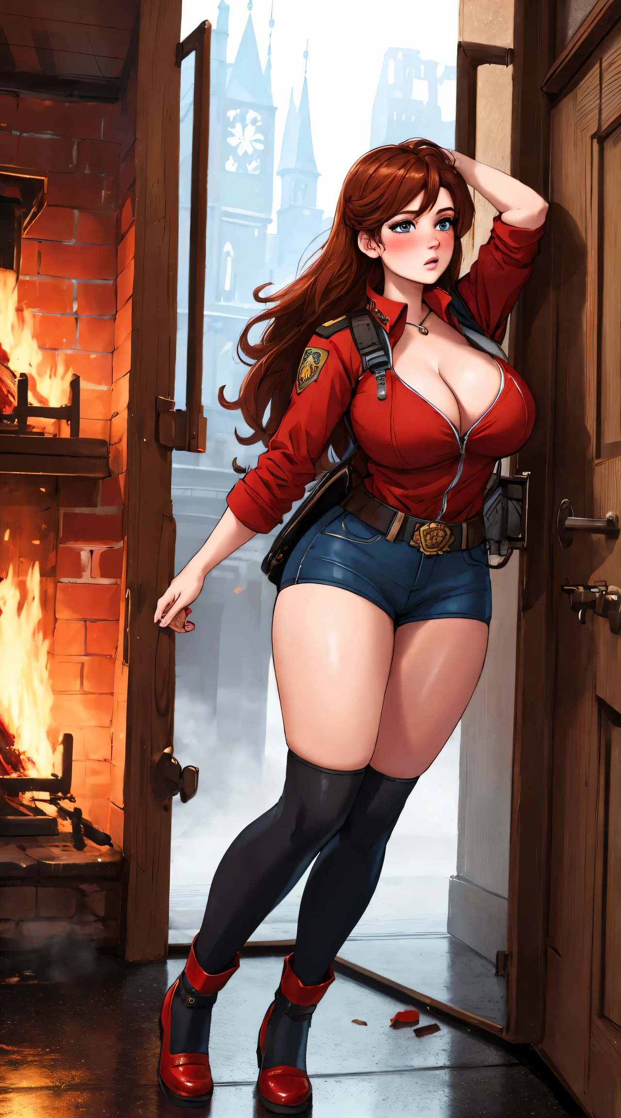 woman, ((Masterpiece, best quality)), full body view, firefighter, burning building,  bursting huge breasts, detailed skin, Anna from Frozen as a firefighter, red firefighter clothes, highly detailed, cinematic lighting, ultra realistic, blush, looking at viewer, anna, anna from frozen, princess, disney, brown hair, long hair, portrait, cleavage, large breasts, wide hips, full body view, tall, vwry tall, busty