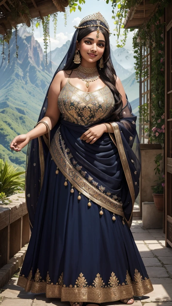 A gorgeous Pakistani cute curvy dark-skinned Muslim woman wearing a beautiful multicolored traditional Muslim dress, plus size body, a white flower crown on her head, curvy hot body, besides a rainforest, flowers in hand, black long hair, beautiful, one-hand raised, big smile, full body, mountains in the background, full light on the face, photorealistic, High resolution, Best Picture Quality, Masterpiece Level, Ultra High Resolution,
